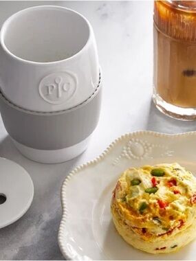 Pampered Chef White Ceramic Egg Cooker with Gray Silicone Grip